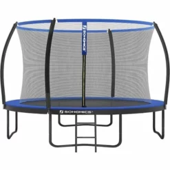 SONGMICS Soldes 45 SONGMICS Trampoline Extérieur, Diamètre 305cm, TÜV Rheinland GS Certifica, Équipement Jardin, Avec Échelle, Filet De Protection, Poteaux Recouverts, Noir Et Bleu, STR10BK
