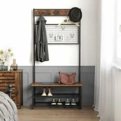 VASAGLE Porte-manteaux De Style Industriel, Avec Banc à Chaussures, Meuble D’entrée, Vestiaire, 9 Crochets, Étagère à Chaussures, Armature Métallique Stable, Brun Rustique Par SONGMICS HSR46BX - Noir, Bois Vintage -SONGMICS Soldes 11614965 2