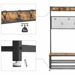 VASAGLE Porte-manteaux De Style Industriel, Avec Banc à Chaussures, Meuble D’entrée, Vestiaire, 9 Crochets, Étagère à Chaussures, Armature Métallique Stable, Brun Rustique Par SONGMICS HSR46BX - Noir, Bois Vintage -SONGMICS Soldes 11614965 3