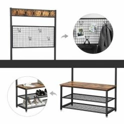 VASAGLE Porte-manteaux De Style Industriel, Avec Banc à Chaussures, Meuble D’entrée, Vestiaire, 9 Crochets, Étagère à Chaussures, Armature Métallique Stable, Brun Rustique Par SONGMICS HSR46BX - Noir, Bois Vintage -SONGMICS Soldes 11614965 4