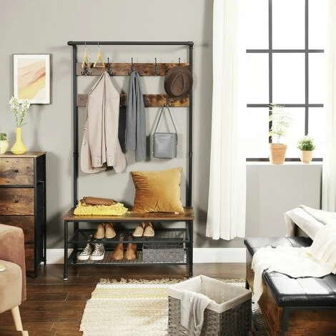 VASAGLE Vestiaire De Style Industriel, Porte-Manteau, Meuble D’entrée, Avec Étagère à Chaussures, 9 Crochets, Multifonction, Armature Métallique Stable, Brun Rustique Par SONGMICS HSR47BX - Noir, Bois Vintage 5 VASAGLE Vestiaire De Style Industriel, Porte-Manteau, Meuble D’entrée, Avec Étagère à Chaussures, 9 Crochets, Multifonction, Armature Métallique Stable, Brun Rustique Par SONGMICS HSR47BX - Noir, Bois Vintage – Image 3