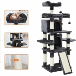 FEANDREA Arbre à Chat, Avec 3 Plate-Formes D’Observation, 2 Grottes, Troncs épais En Sisal, Planche à Griffer, Stable, Hauteur 172cm, Gris Foncé Par SONGMICS PCT18GYZ - Gris Foncé -SONGMICS Soldes 12188592 3