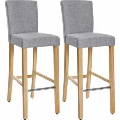 SONGMICS Lot De 2 Tabourets De Bar, Avec Dossier Et Repose-Pieds, Chaise Haute Et Rembourrée, Surface En Lin, Hauteur D’Assise De 76 Cm, Pieds En Bois Massif, Gris Clair Et Couleur Naturel LDC31GYX