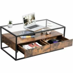 VASAGLE Table Basse De Style Industriel, Plateau En Verre Trempé, 2 Tiroirs, Tablette Rustique, Table De Salon Décorative, Armature En Fer Rigide Par SONGMICS LCT31BX