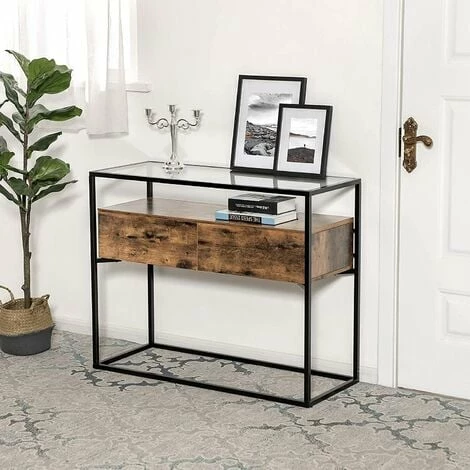 VASAGLE Table De Console De Style Industriel, Table D'entrée Plateau En Verre Trempé, Table De Canapé 2 Tiroirs, Table D'appoint Décorative, Pour Couloir, Entrée Par SONGMICS LNT11BX 4 VASAGLE Table De Console De Style Industriel, Table D'entrée Plateau En Verre Trempé, Table De Canapé 2 Tiroirs, Table D'appoint Décorative, Pour Couloir, Entrée Par SONGMICS LNT11BX – Image 2