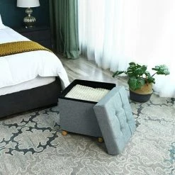 SONGMICS Repose-Pieds, Coffre De Rangement, Tabouret, Pieds En Bois Massif, Avec Couvercle 38 X 38 X 40cm Gris Clair LSF14GYX -SONGMICS Soldes 14352286 3