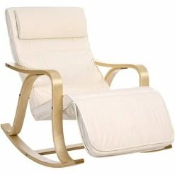 SONGMICS Fauteuil à Bascule, Fauteuil Berçant En Bois, Avec Repose-Pied Réglable 5 Niveaux, Housse Amovible Lavable, Charge Max 150 Kg, Dimensions 67 X 125 X 91 Cm, Beige LYY41M