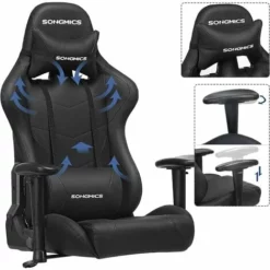 SONGMICS Fauteuil Gamer, Siège De Bureau Racing, Ergonomique, Coussin Lombaire, Cadre En Acier, Dossier Haut, Assise Large, Réglable En Hauteur, Revêtement En PU, Charge 150 Kg, Noir RCG42BK - Noir -SONGMICS Soldes 14352357 4