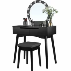 SONGMICS VASAGLE Coiffeuse Avec Miroir Et Ampoules Pour Maquillage Tabouret Rembourré Et 2 Grand Tiroirs 80 X 40 X 130,5 Cm Noir RDT11BL -SONGMICS Soldes 14352367 2