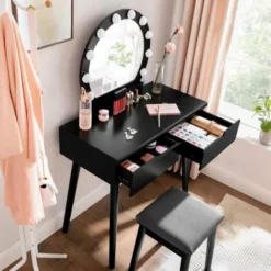 SONGMICS VASAGLE Coiffeuse Avec Miroir Et Ampoules Pour Maquillage Tabouret Rembourré Et 2 Grand Tiroirs 80 X 40 X 130,5 Cm Noir RDT11BL -SONGMICS Soldes 14352367 3