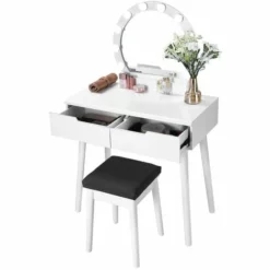 SONGMICS VASAGLE Coiffeuse Avec Miroir Et Ampoules Pour Maquillage, 80 X 40 X 130,5 Cm, Tabouret, 2 Grand Tiroirs, Couleur Blanche RDT11WL