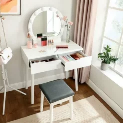SONGMICS VASAGLE Coiffeuse Avec Miroir Et Ampoules Pour Maquillage, 80 X 40 X 130,5 Cm, Tabouret, 2 Grand Tiroirs, Couleur Blanche RDT11WL -SONGMICS Soldes 14352369 3