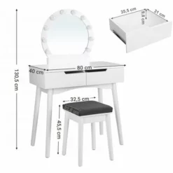 SONGMICS VASAGLE Coiffeuse Avec Miroir Et Ampoules Pour Maquillage, 80 X 40 X 130,5 Cm, Tabouret, 2 Grand Tiroirs, Couleur Blanche RDT11WL -SONGMICS Soldes 14352369 5