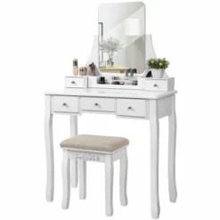 VASAGLE Coiffeuse Moderne, Table De Maquillage En MDF Et En Bois De Pin, Avec Miroir Sans Cadre, Organiseur De Maquillage Amovible, Tabouret En Hévéa, 5 Tiroirs, Pour Chambre, Dressing, Blanc Par SONGMICS RDT25WT