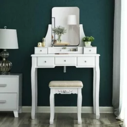 VASAGLE Coiffeuse Moderne, Table De Maquillage En MDF Et En Bois De Pin, Avec Miroir Sans Cadre, Organiseur De Maquillage Amovible, Tabouret En Hévéa, 5 Tiroirs, Pour Chambre, Dressing, Blanc Par SONGMICS RDT25WT -SONGMICS Soldes 14352372 3