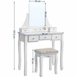 VASAGLE Coiffeuse Moderne, Table De Maquillage En MDF Et En Bois De Pin, Avec Miroir Sans Cadre, Organiseur De Maquillage Amovible, Tabouret En Hévéa, 5 Tiroirs, Pour Chambre, Dressing, Blanc Par SONGMICS RDT25WT -SONGMICS Soldes 14352372 5
