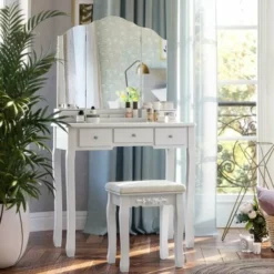 VASAGLE Coiffeuse Avec 5 Tiroirs, Table à Maquillage Avec 1 Tabouret, Miroir Triple Sans Cadre, Un Coffret à Cosmétiques Démontable, Facile à Assembler, Blanc Par SONGMICS RDT28WT