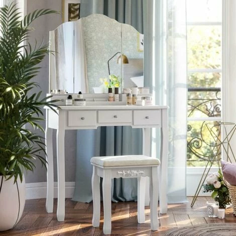 VASAGLE Coiffeuse Avec 5 Tiroirs, Table à Maquillage Avec 1 Tabouret, Miroir Triple Sans Cadre, Un Coffret à Cosmétiques Démontable, Facile à Assembler, Blanc Par SONGMICS RDT28WT 3 VASAGLE Coiffeuse Avec 5 Tiroirs, Table à Maquillage Avec 1 Tabouret, Miroir Triple Sans Cadre, Un Coffret à Cosmétiques Démontable, Facile à Assembler, Blanc Par SONGMICS RDT28WT