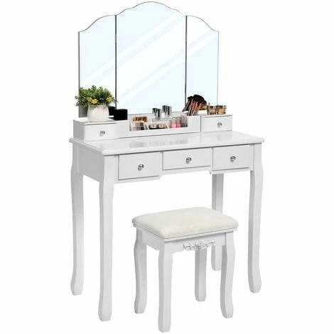 VASAGLE Coiffeuse Avec 5 Tiroirs, Table à Maquillage Avec 1 Tabouret, Miroir Triple Sans Cadre, Un Coffret à Cosmétiques Démontable, Facile à Assembler, Blanc Par SONGMICS RDT28WT 4 VASAGLE Coiffeuse Avec 5 Tiroirs, Table à Maquillage Avec 1 Tabouret, Miroir Triple Sans Cadre, Un Coffret à Cosmétiques Démontable, Facile à Assembler, Blanc Par SONGMICS RDT28WT – Image 2