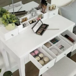 VASAGLE Coiffeuse Avec 5 Tiroirs, Table à Maquillage Avec 1 Tabouret, Miroir Triple Sans Cadre, Un Coffret à Cosmétiques Démontable, Facile à Assembler, Blanc Par SONGMICS RDT28WT 9 VASAGLE Coiffeuse Avec 5 Tiroirs, Table à Maquillage Avec 1 Tabouret, Miroir Triple Sans Cadre, Un Coffret à Cosmétiques Démontable, Facile à Assembler, Blanc Par SONGMICS RDT28WT -SONGMICS Soldes 14352373 3
