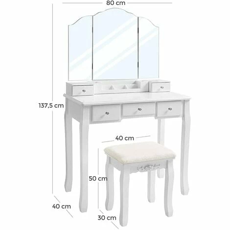 VASAGLE Coiffeuse Avec 5 Tiroirs, Table à Maquillage Avec 1 Tabouret, Miroir Triple Sans Cadre, Un Coffret à Cosmétiques Démontable, Facile à Assembler, Blanc Par SONGMICS RDT28WT 7 VASAGLE Coiffeuse Avec 5 Tiroirs, Table à Maquillage Avec 1 Tabouret, Miroir Triple Sans Cadre, Un Coffret à Cosmétiques Démontable, Facile à Assembler, Blanc Par SONGMICS RDT28WT – Image 5