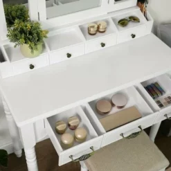 VASAGLE Coiffeuse Avec Tiroirs, Table à Maquillage Avec Miroir Triple Et Crochet à Colliers, 2 Rainures Pour Brosses Et 4 Compartiments Ouverts, Pieds En Bois Massif, Tabouret Rembourré, Blanc Par SONGMICS RDT60WT -SONGMICS Soldes 14352374 3