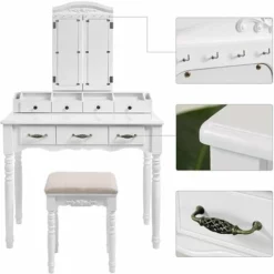 VASAGLE Coiffeuse Avec Tiroirs, Table à Maquillage Avec Miroir Triple Et Crochet à Colliers, 2 Rainures Pour Brosses Et 4 Compartiments Ouverts, Pieds En Bois Massif, Tabouret Rembourré, Blanc Par SONGMICS RDT60WT -SONGMICS Soldes 14352374 4