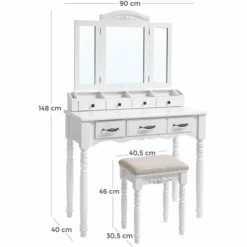 VASAGLE Coiffeuse Avec Tiroirs, Table à Maquillage Avec Miroir Triple Et Crochet à Colliers, 2 Rainures Pour Brosses Et 4 Compartiments Ouverts, Pieds En Bois Massif, Tabouret Rembourré, Blanc Par SONGMICS RDT60WT -SONGMICS Soldes 14352374 5