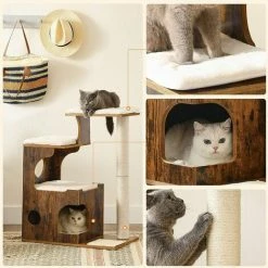 FEANDREA Arbre à Chat, Hauteur 86cm, 3 Plate-Formes Et 1 Grotte, Panneau MDF Avec Placage De Bois, Poteau En Sisal, Imitation Fourrure Lavable, Style Vintage, Brun Rustique Et Blanc Par SONGMICS PCT70HW - Brun Rustique Et Blanc -SONGMICS Soldes 15478323 4