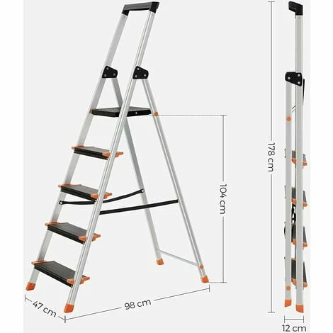 SONGMICS Échelle 5 Marches, En Aluminium, Escabeau, Largeur De La Marche: 12cm, Pliable, Avec Plateau à Outil, Pieds Antidérapants, Capacité De Charge 150KG GLT05BK - Gris Métallisé, Noir, Orange 7 SONGMICS Échelle 5 Marches, En Aluminium, Escabeau, Largeur De La Marche: 12cm, Pliable, Avec Plateau à Outil, Pieds Antidérapants, Capacité De Charge 150KG GLT05BK - Gris Métallisé, Noir, Orange – Image 5