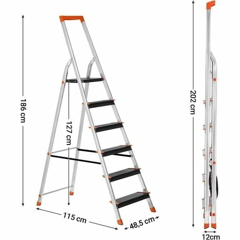 SONGMICS Échelle 6 Marches, En Aluminium, Escabeau, Largeur De La Marche: 12cm, Pliable, Avec Plateau à Outil, Pieds Antidérapants, Capacité De Charge 150KG GLT06BK - Gris Métallisé, Noir, Orange 6 SONGMICS Échelle 6 Marches, En Aluminium, Escabeau, Largeur De La Marche: 12cm, Pliable, Avec Plateau à Outil, Pieds Antidérapants, Capacité De Charge 150KG GLT06BK - Gris Métallisé, Noir, Orange – Image 5