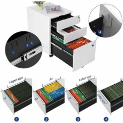 SONGMICS Caisson De Bureau à Roulettes Avec 3 Tiroirs Et Classeur Suspendu, Armoire De Bureau Verrouillable Pour Dossiers Et Documents, Corps D'armoire Prémonté, Blanc OFC60WT -SONGMICS Soldes 15932625 4