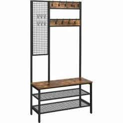 VASAGLE Grand Porte-manteaux, Avec Banc à Chaussures, Meuble D’entrée, Avec Grille, Vestiaire, 9 Crochets, Étagère à Chaussures, 185 Cm, Rangement, Montage Facile, Marron Rustique Par SONGMICS HSR98BX - Marron Rustique