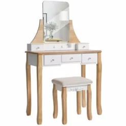 VASAGLE Coiffeuse Moderne, Table De Maquillage, Avec Tabouret, Miroir Pivotant 360°, 5 Tiroirs, Organisateurs De Maquillage Amovible, Pour Chambre, Blanc Et Couleur Boisée Par SONGMICS RDT25K - Blanc Et Couleur Boisée