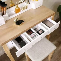 VASAGLE Coiffeuse Moderne, Table De Maquillage, Avec Tabouret, Miroir Pivotant 360°, 5 Tiroirs, Organisateurs De Maquillage Amovible, Pour Chambre, Blanc Et Couleur Boisée Par SONGMICS RDT25K - Blanc Et Couleur Boisée -SONGMICS Soldes 18252057 4