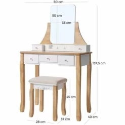 VASAGLE Coiffeuse Moderne, Table De Maquillage, Avec Tabouret, Miroir Pivotant 360°, 5 Tiroirs, Organisateurs De Maquillage Amovible, Pour Chambre, Blanc Et Couleur Boisée Par SONGMICS RDT25K - Blanc Et Couleur Boisée -SONGMICS Soldes 18252057 5