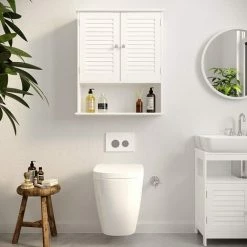 SONGMICS VASAGLE Meuble Mural, Meuble De Rangement Suspendu Pour Salle De Bains, Armoire à Pharmacie Avec Étagère Réglable, Double Porte Et Étagère Ouverte, 60 X 20 X 70 Cm, Ligneux, Blanc BBC27WT - Blanc -SONGMICS Soldes 18392156 3