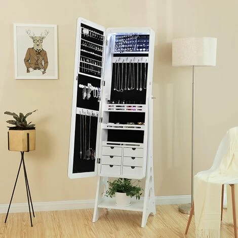 SONGMICS Armoire à Bijoux, Sur Pieds, Avec 8 Ampoules LED, Miroir Psyché Sans Cadre, Avec Serrure, 6 Tiroirs, Plaque Pour Boucles D’Oreilles, Blanc JBC89WT - Blanc 4 SONGMICS Armoire à Bijoux, Sur Pieds, Avec 8 Ampoules LED, Miroir Psyché Sans Cadre, Avec Serrure, 6 Tiroirs, Plaque Pour Boucles D’Oreilles, Blanc JBC89WT - Blanc – Image 2