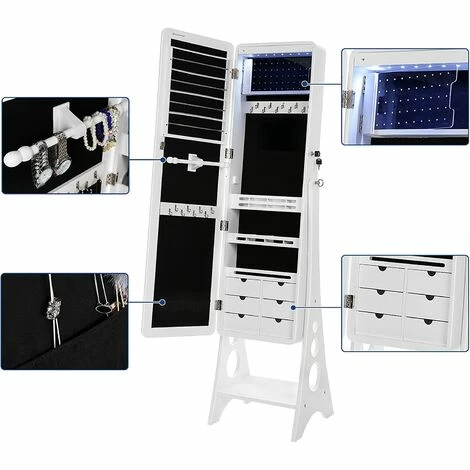 SONGMICS Armoire à Bijoux, Sur Pieds, Avec 8 Ampoules LED, Miroir Psyché Sans Cadre, Avec Serrure, 6 Tiroirs, Plaque Pour Boucles D’Oreilles, Blanc JBC89WT - Blanc 5 SONGMICS Armoire à Bijoux, Sur Pieds, Avec 8 Ampoules LED, Miroir Psyché Sans Cadre, Avec Serrure, 6 Tiroirs, Plaque Pour Boucles D’Oreilles, Blanc JBC89WT - Blanc – Image 3