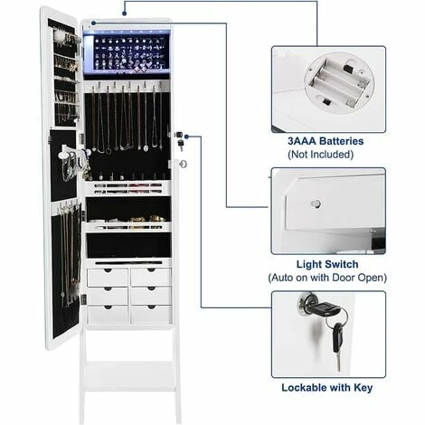 SONGMICS Armoire à Bijoux, Sur Pieds, Avec 8 Ampoules LED, Miroir Psyché Sans Cadre, Avec Serrure, 6 Tiroirs, Plaque Pour Boucles D’Oreilles, Blanc JBC89WT - Blanc 6 SONGMICS Armoire à Bijoux, Sur Pieds, Avec 8 Ampoules LED, Miroir Psyché Sans Cadre, Avec Serrure, 6 Tiroirs, Plaque Pour Boucles D’Oreilles, Blanc JBC89WT - Blanc – Image 4