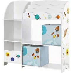 SONGMICS Étagère De Rangement Pour Jouets Enfant Et Livres, Meuble De Rangement Multifonctionnel, Avec 2 Tiroirs En Tissu, Thème Planètes, Pour Salle De Jeux, Chambre Enfant, Salon, Blanc GKR42WT - Blanc