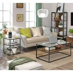 SONGMICS Table Basse Avec Dessus De Table En Verre, Table De Salon, Cadre En Acier Stable, Décoration De Salon, Style Industriel, Marron Rustique Et Noir LCT30BX -SONGMICS Soldes 19628900 3