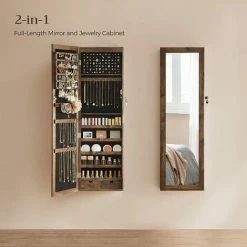Armoire à Bijoux, Meuble De Rangement Mural Pour Colliers, Boucles D’Oreilles, Placard à Accessoires, Avec Miroir, Divers Compartiments, Verrouillable, Marron Rustique JJC93CB Par SONGMICS - Marron Rustique