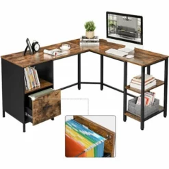 VASAGLE Bureau D'angle, Avec Caisson à Dossiers Suspendus, 2 étagères, 137 X 150 X 75 Cm, Cadre En Acier, Style Industriel, Par SONGMICS LWD75X - Rustique Et Noir -SONGMICS Soldes 19824941 3
