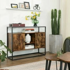 VASAGLE Buffet, Meuble De Rangement, Placard, Dessus En Verre Trempé, Compartiments Ouverts, Pour Salon, Couloir, Cadre En Acier Stable, Style Industriel, Marron Rustique Et Noir Par SONGMICS LSC014B01 - Marron Rustique Et Noir -SONGMICS Soldes 19982051 2