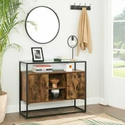 VASAGLE Buffet, Meuble De Rangement, Placard, Dessus En Verre Trempé, Compartiments Ouverts, Pour Salon, Couloir, Cadre En Acier Stable, Style Industriel, Marron Rustique Et Noir Par SONGMICS LSC014B01 - Marron Rustique Et Noir -SONGMICS Soldes 19982051 3