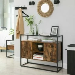 VASAGLE Buffet, Meuble De Rangement, Placard, Dessus En Verre Trempé, Compartiments Ouverts, Pour Salon, Couloir, Cadre En Acier Stable, Style Industriel, Marron Rustique Et Noir Par SONGMICS LSC014B01 - Marron Rustique Et Noir -SONGMICS Soldes 19982051 4