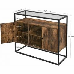 VASAGLE Buffet, Meuble De Rangement, Placard, Dessus En Verre Trempé, Compartiments Ouverts, Pour Salon, Couloir, Cadre En Acier Stable, Style Industriel, Marron Rustique Et Noir Par SONGMICS LSC014B01 - Marron Rustique Et Noir -SONGMICS Soldes 19982051 5