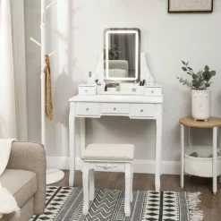 VASAGLE Coiffeuse Avec Miroir Avec LED 3 Couleurs, Table De Maquillage, Avec 5 Tiroirs Et 1 Organisateur De Rangement Amovible, Pieds En Bois Massif, Avec Tabouret, Blanc Par SONGMICS RDT25WL - Blanc -SONGMICS Soldes 20033456 3