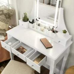 VASAGLE Coiffeuse Avec Miroir Avec LED 3 Couleurs, Table De Maquillage, Avec 5 Tiroirs Et 1 Organisateur De Rangement Amovible, Pieds En Bois Massif, Avec Tabouret, Blanc Par SONGMICS RDT25WL - Blanc -SONGMICS Soldes 20033456 4